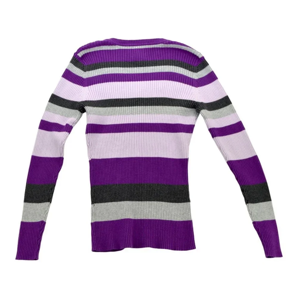 St Johns Bay‎ Top Size S Purples Grays Striped Ribbed V Neck Long Sleeve Casual